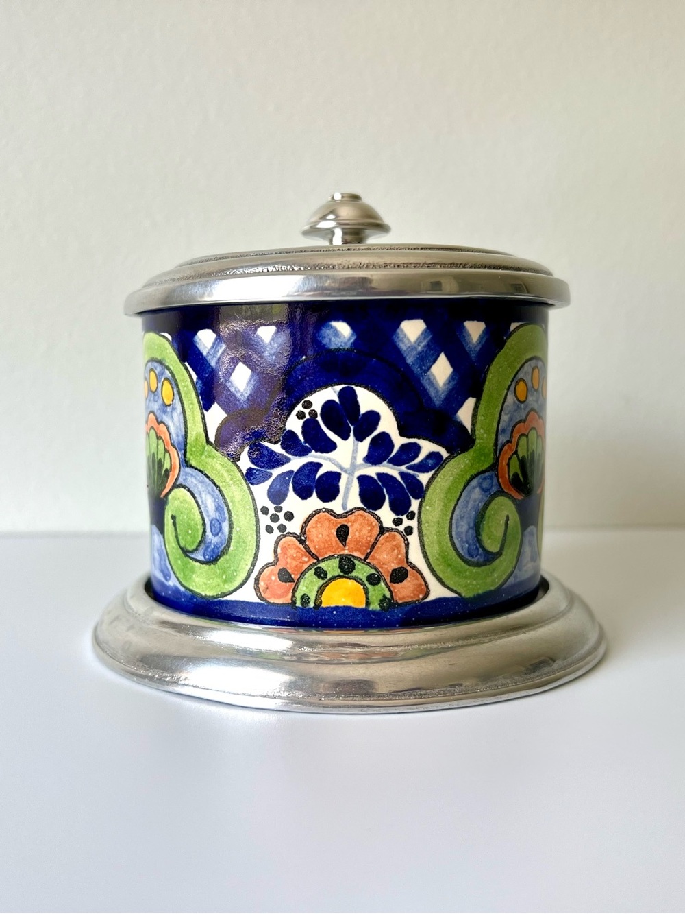 Vintage Hand Painted Mexico Art Pottery Lidded Container w/ Cast Metal Lid, Base